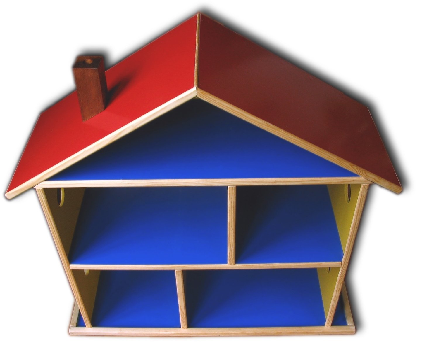 a picture of a wooden doll house with blue and red windows