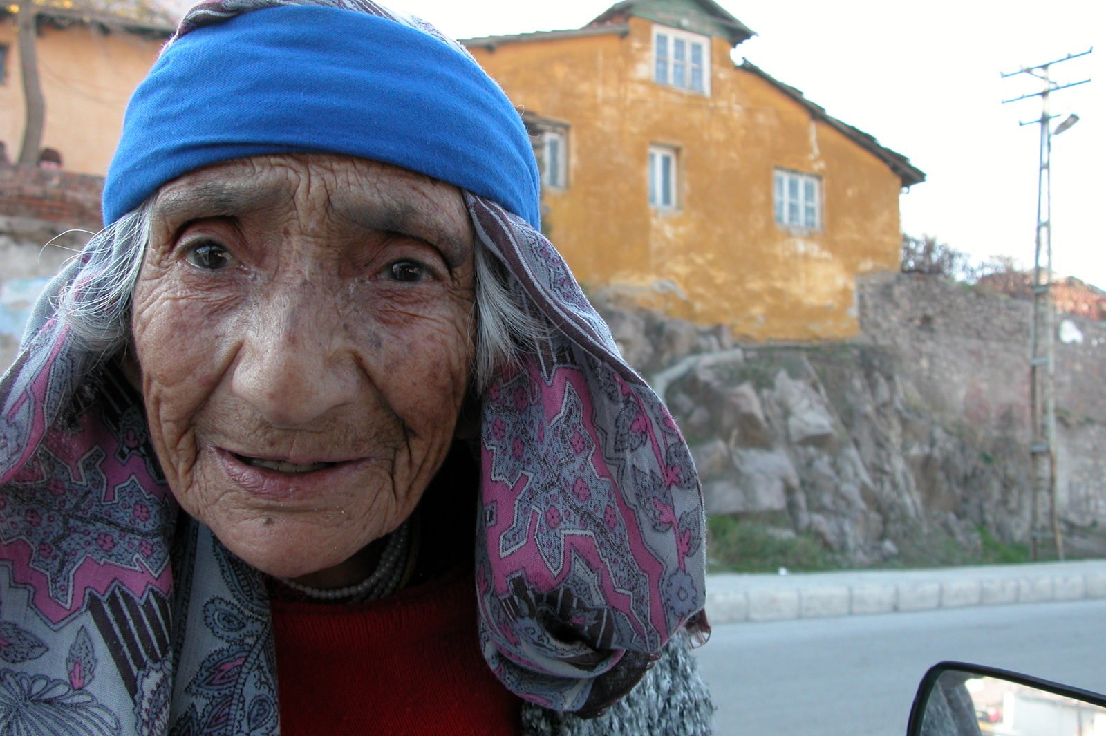 an old woman with big blue hair and a blue hat