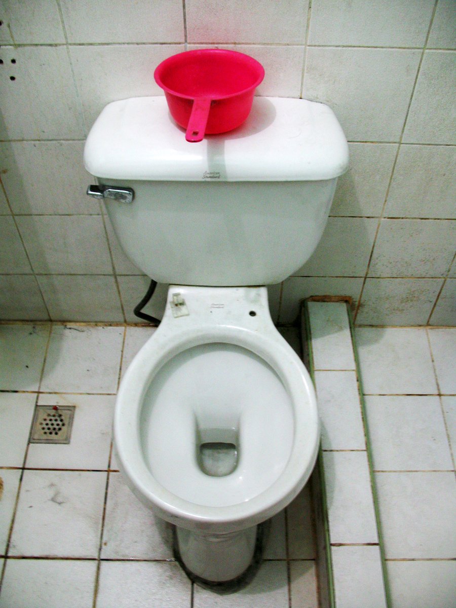 the toilet bowl is empty with a red cover