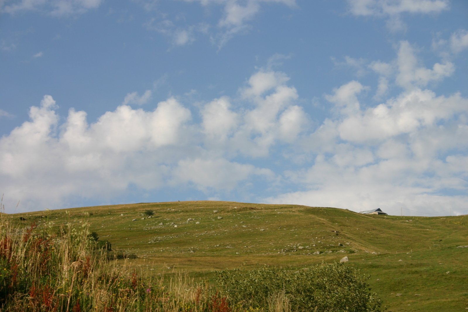 a green mountain on a hill with white clouds