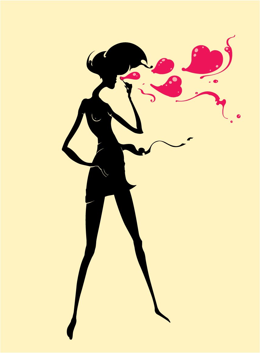 a women's silhouette blowing bubbles to form a heart