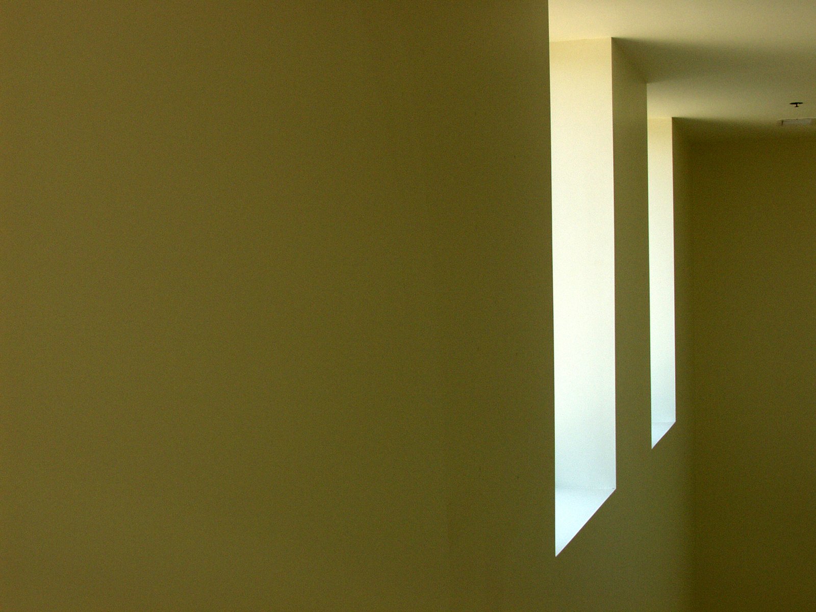 long shadows are cast on the wall of an empty hallway