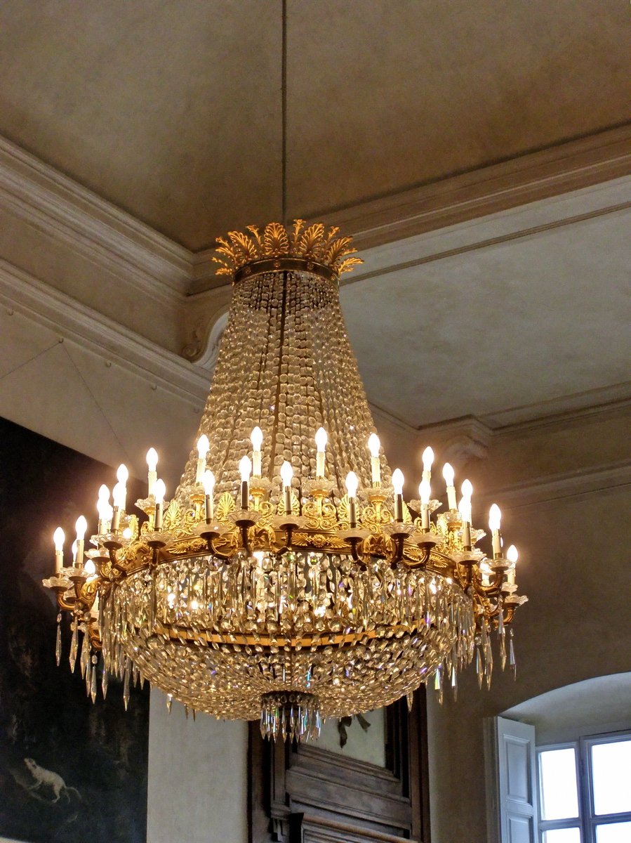 a beautiful chandelier hangs in the ceiling