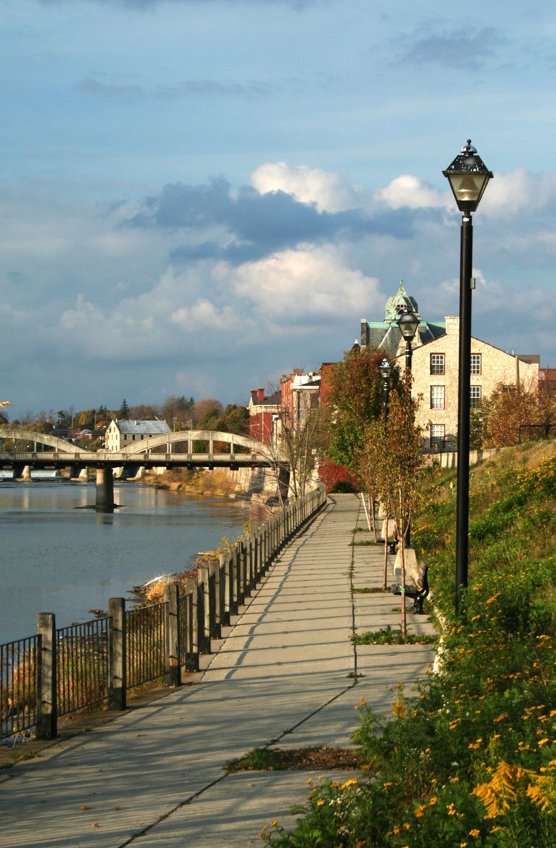 a walkway and lamppost with flowers on the sides