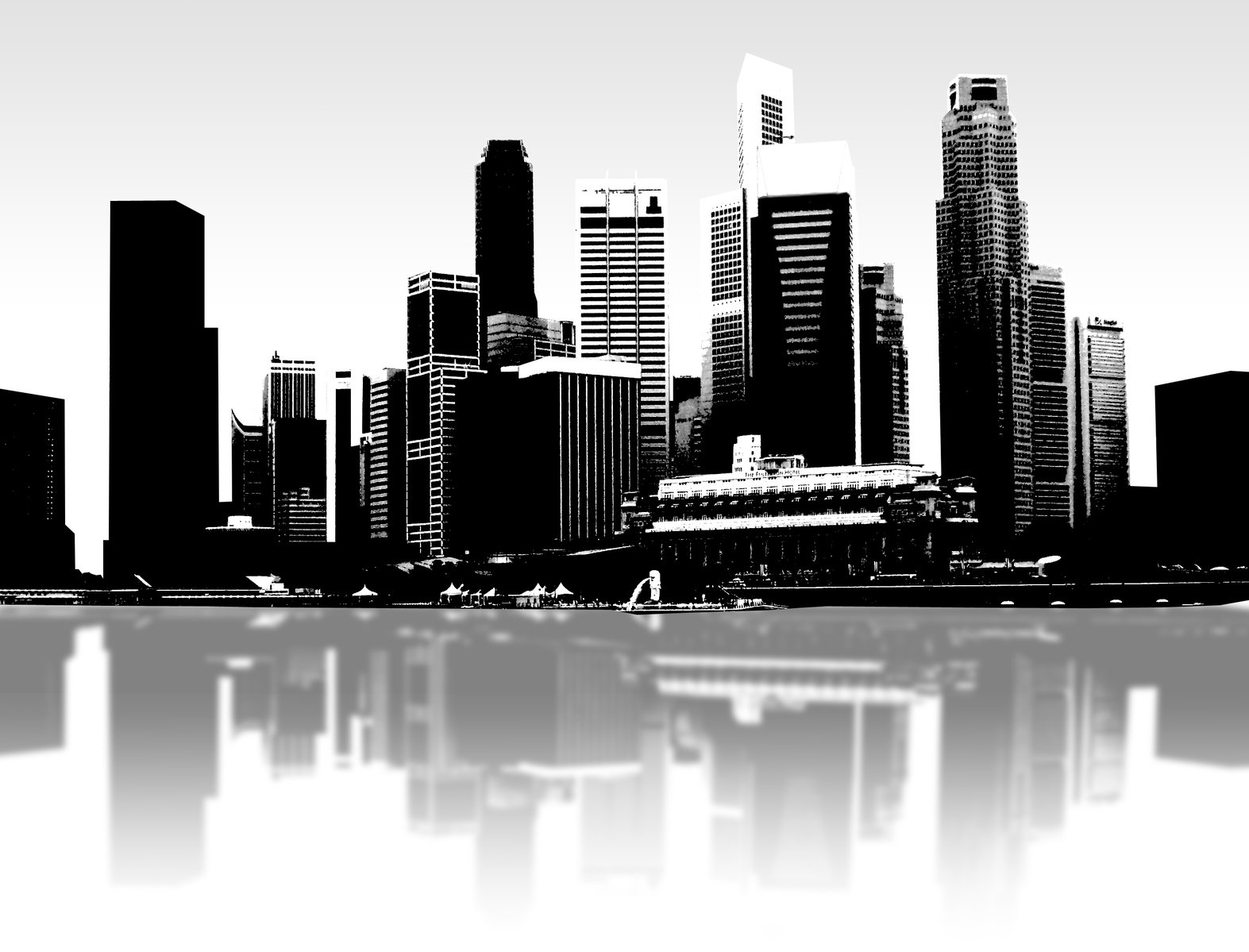 black and white pograph of tall buildings with city reflection