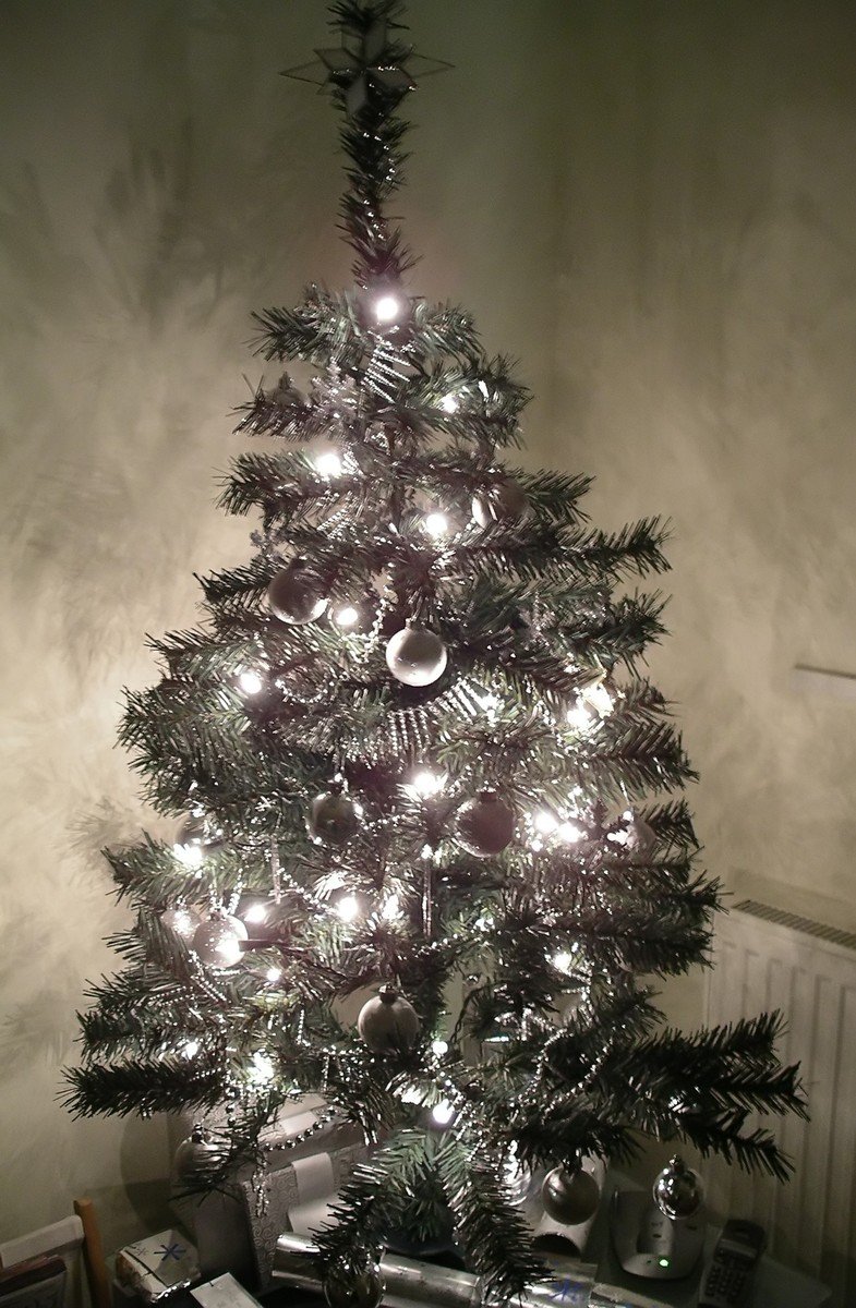 a tree that is lit up with silver