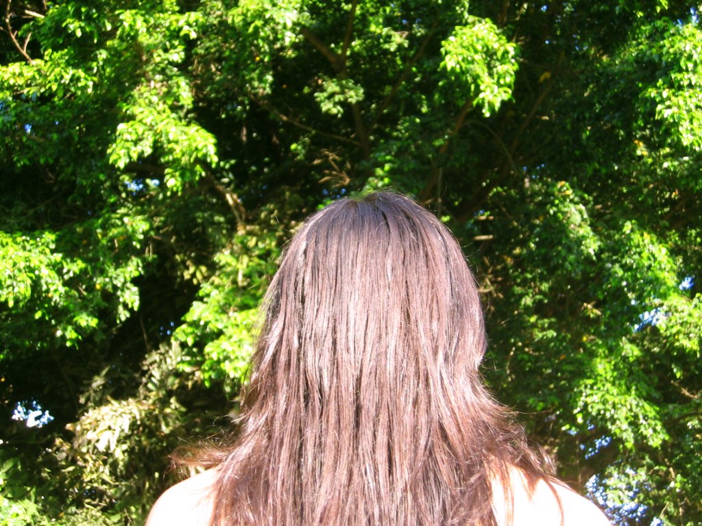 the back of a womans shoulder with trees in the background