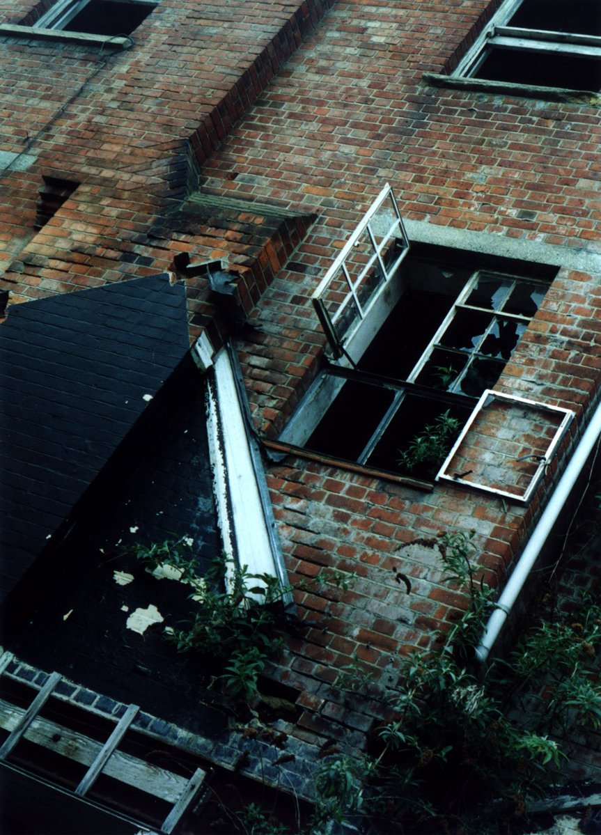 a red brick building with some plants growing on top