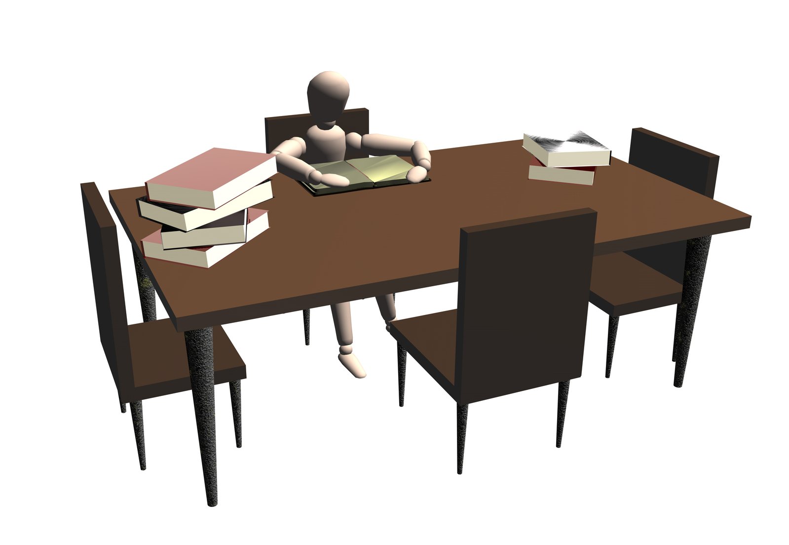 a 3d image of a woman seated at a table, with stacks of books