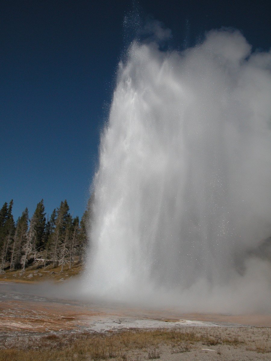 a large geyser erupts steam as it flows from its center