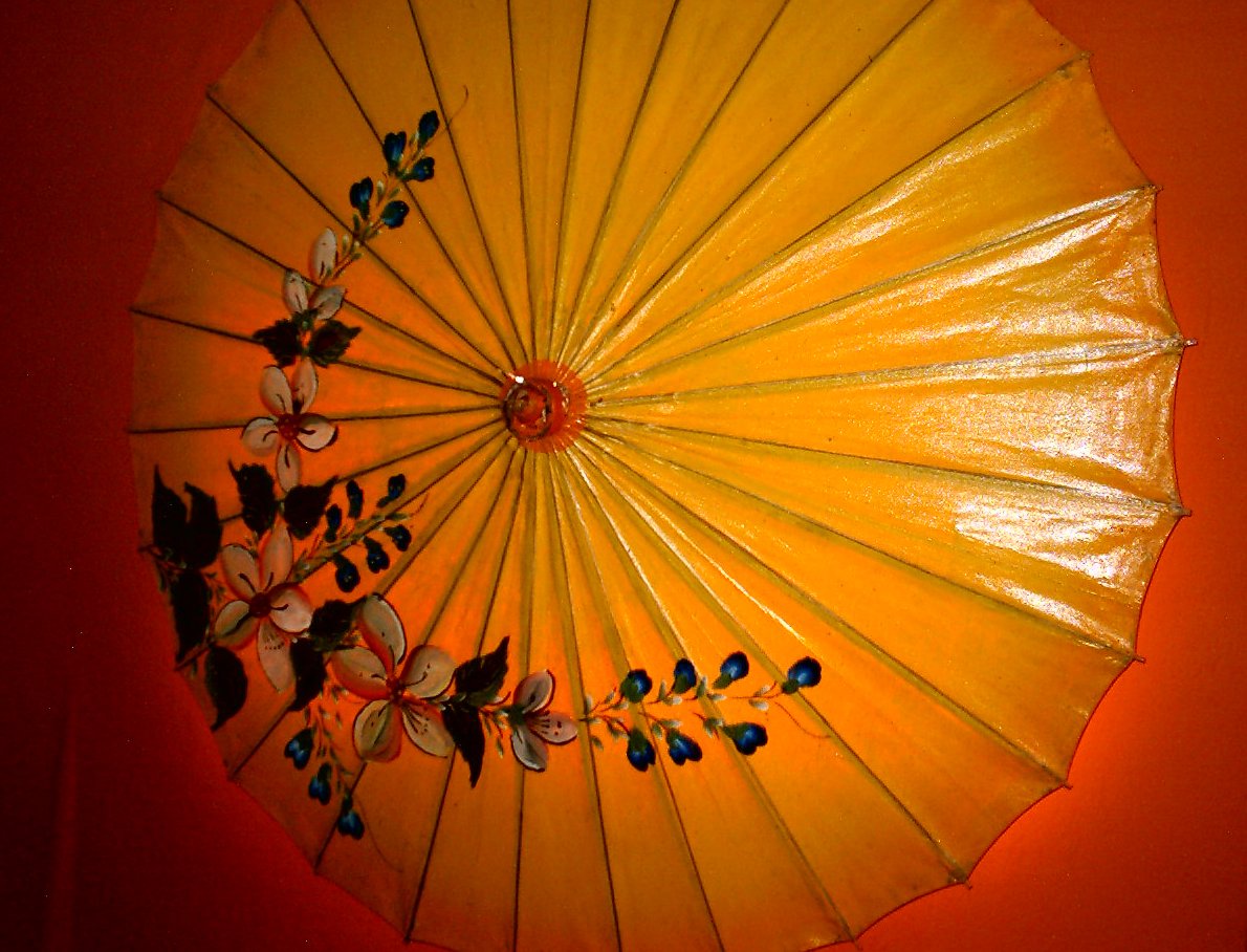 an image of a parasol and flowers hanging from it