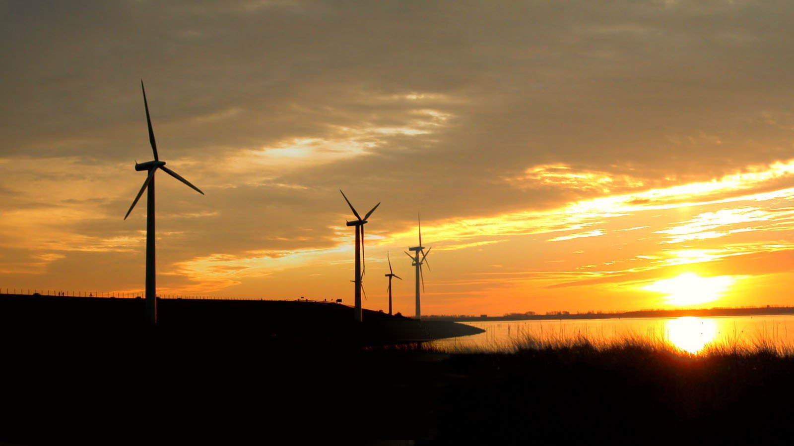 three windmills on the horizon with sun behind them