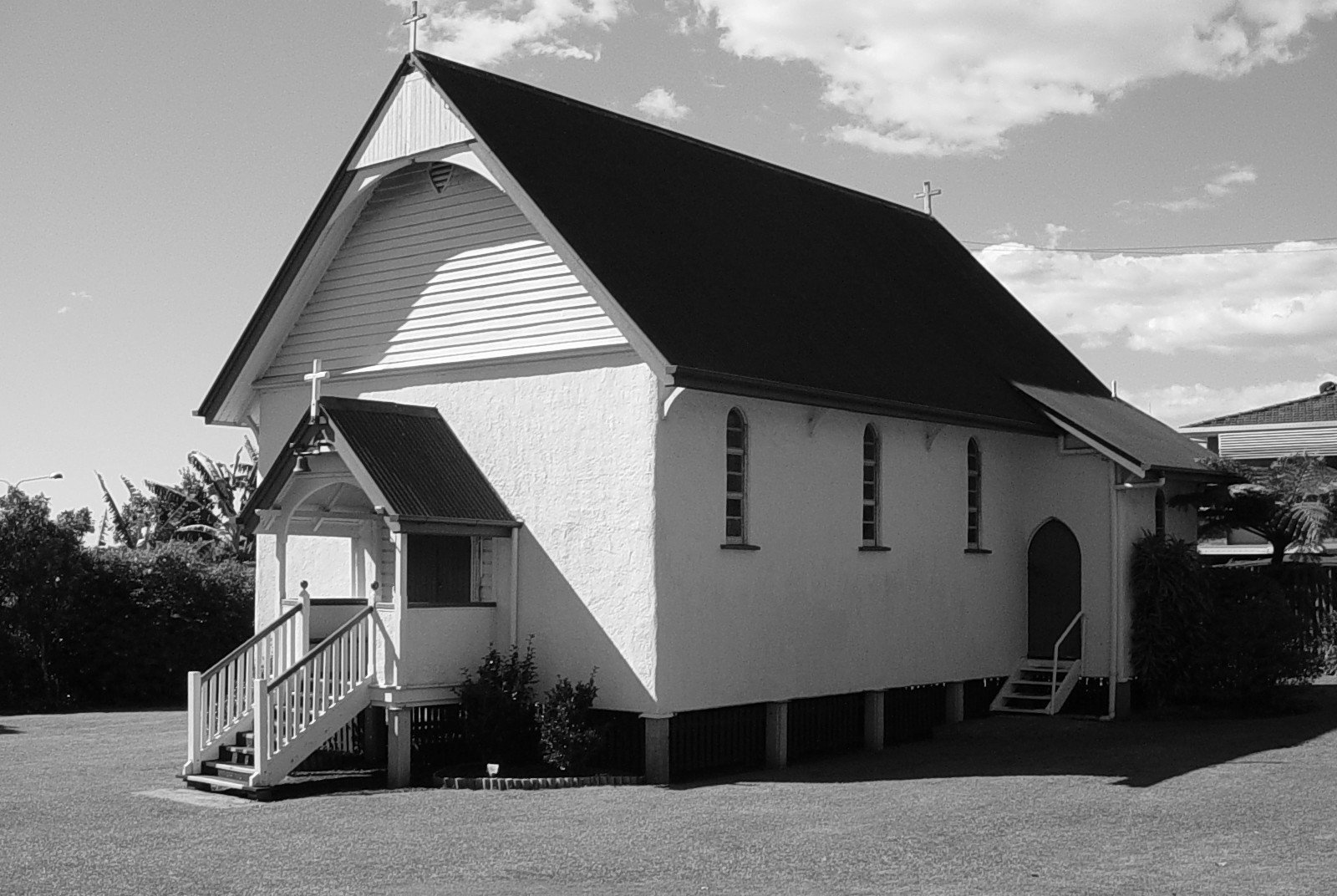 black and white image of an old church