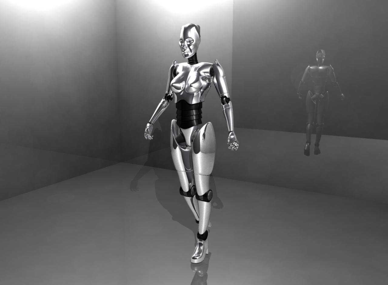 a computer generated female running along the floor next to another person in a gray room