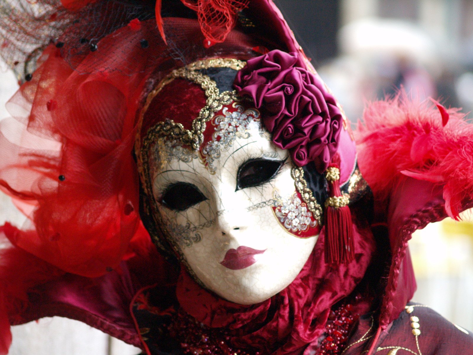 a white mask with red feathers and makeup