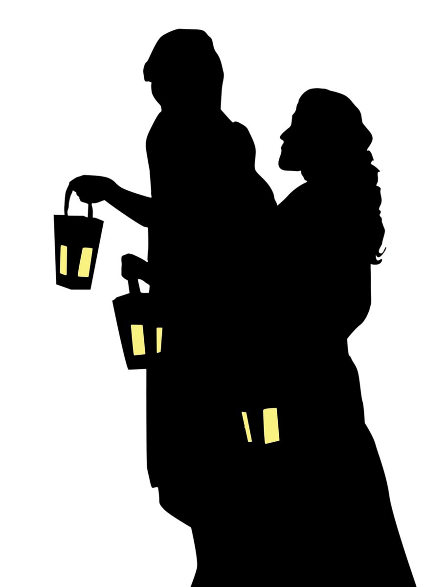 a black and white silhouette of two people holding lantern