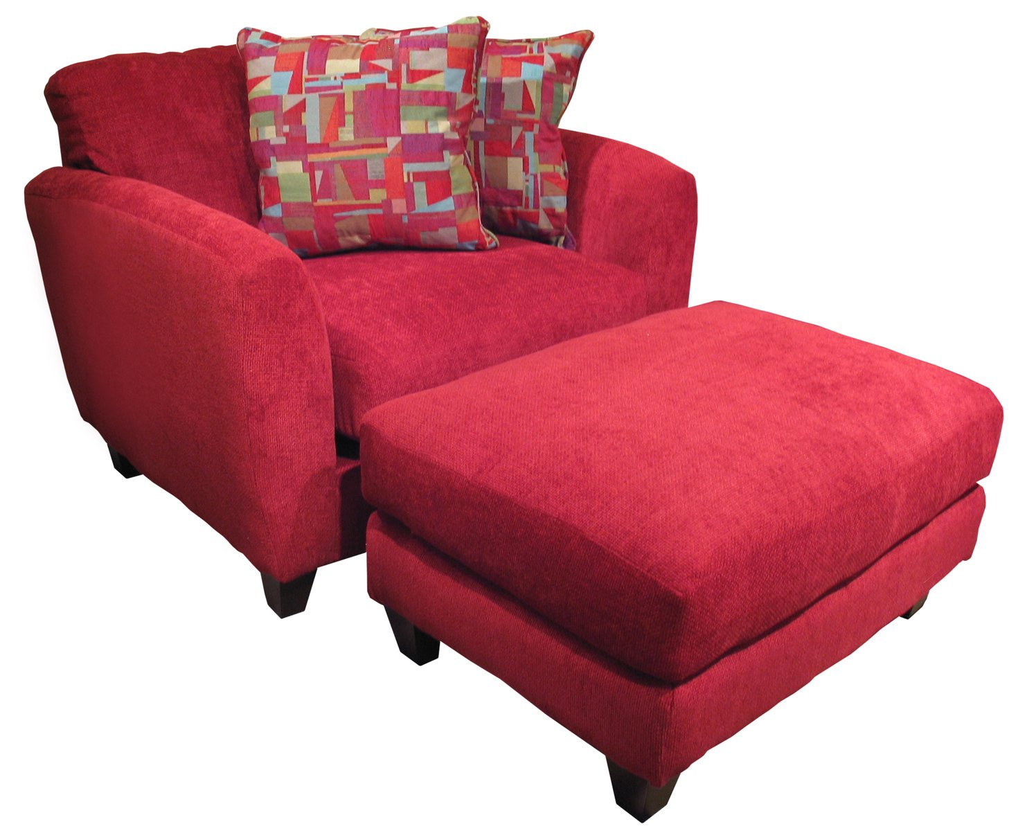 a red chair with a cushion and ottoman
