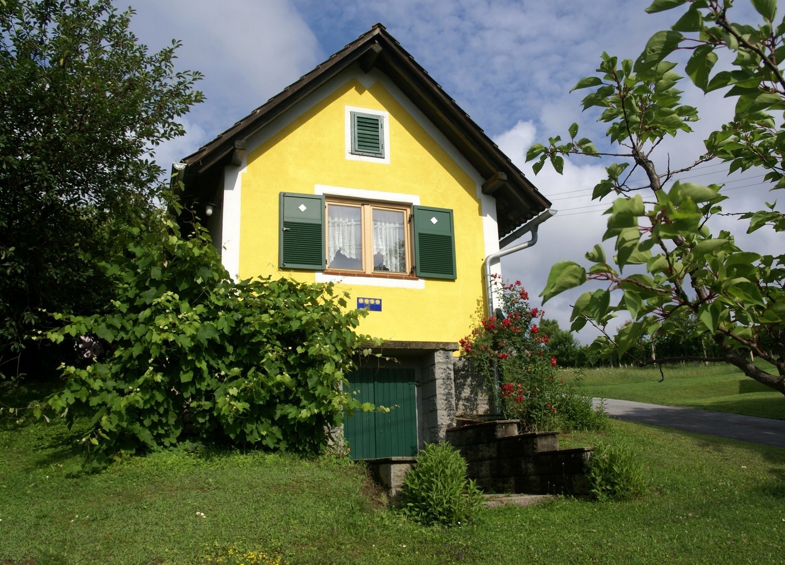 a small yellow house with a green window and shutters