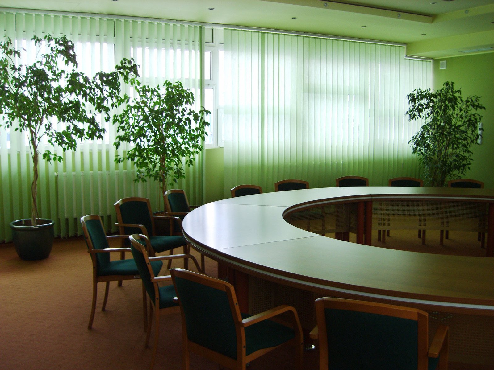 several wooden chairs are around the conference table