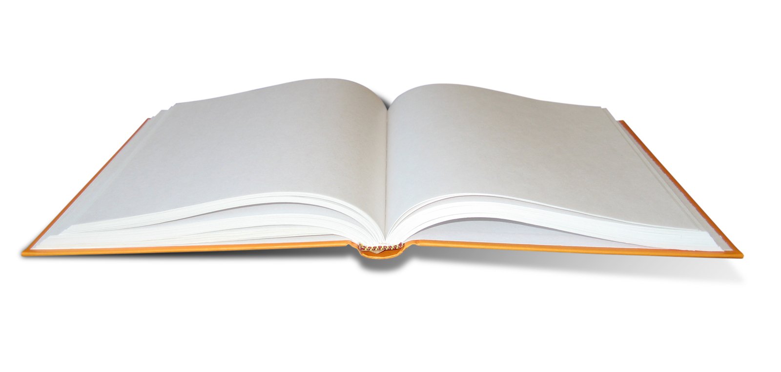 an open book with orange binding and pages on white background