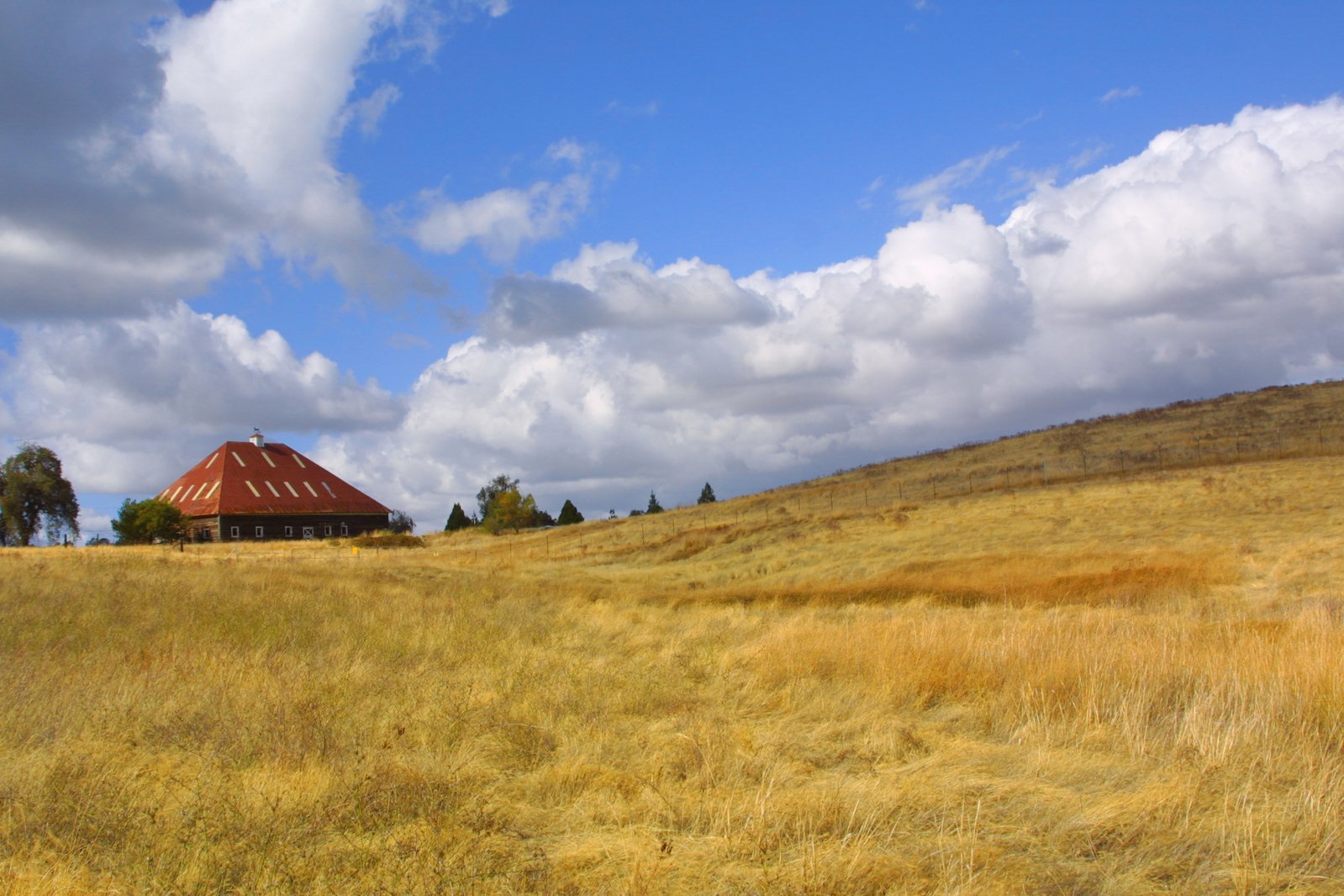 a barn in the middle of the field under a blue cloudy sky
