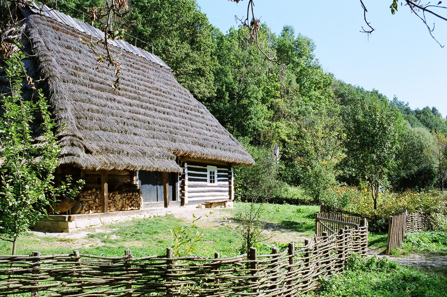 a rural house with an thatch roof and a fence