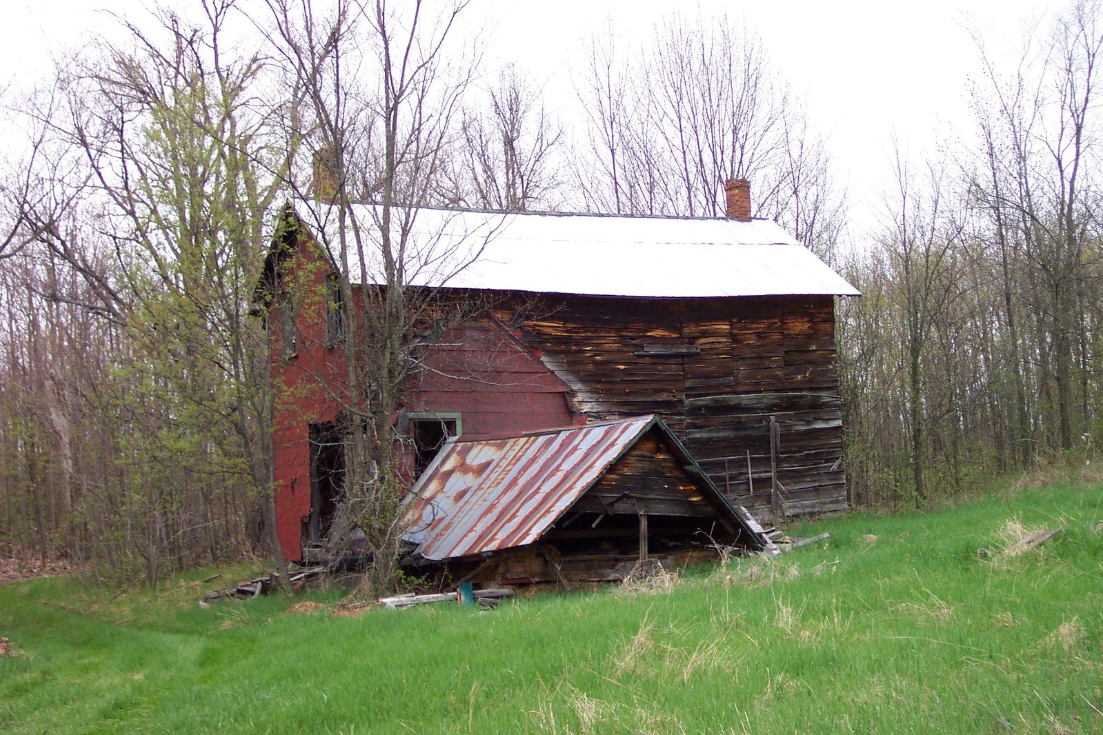 an old, run down red barn stands in the woods