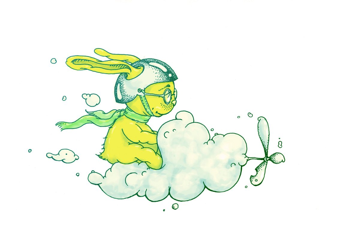 a cartoon bunny in aviator's gear, holding onto a wing and sitting on a cloud with the words, pilot