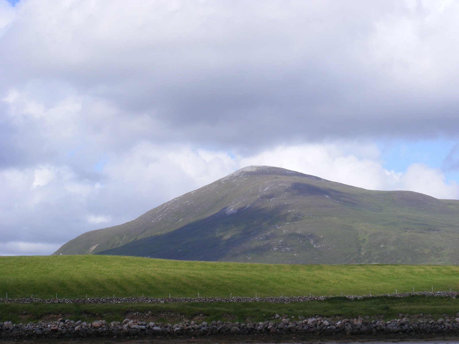 a grassy mountain with sheep in a field in front of it