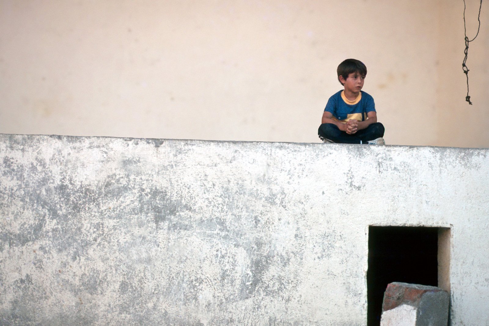 a  sitting on top of a cement structure