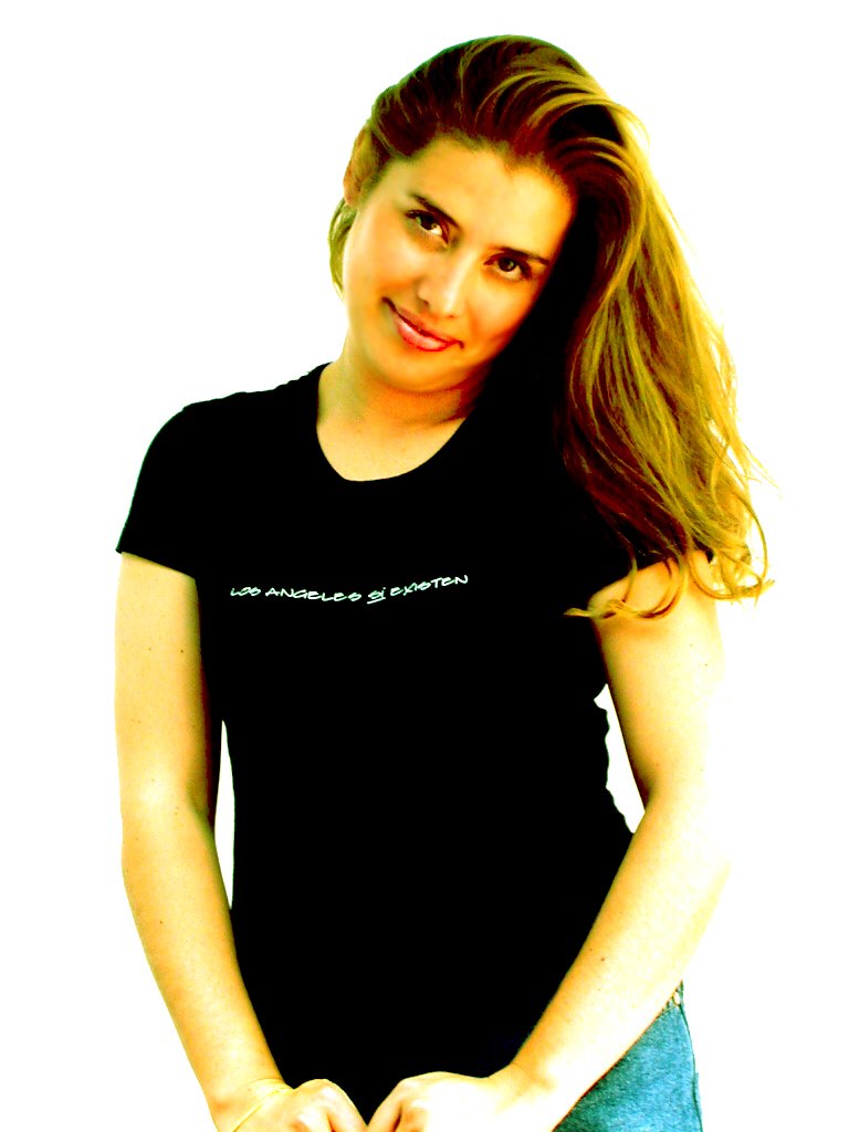 woman in black t - shirt showing her stomach and posing for the camera