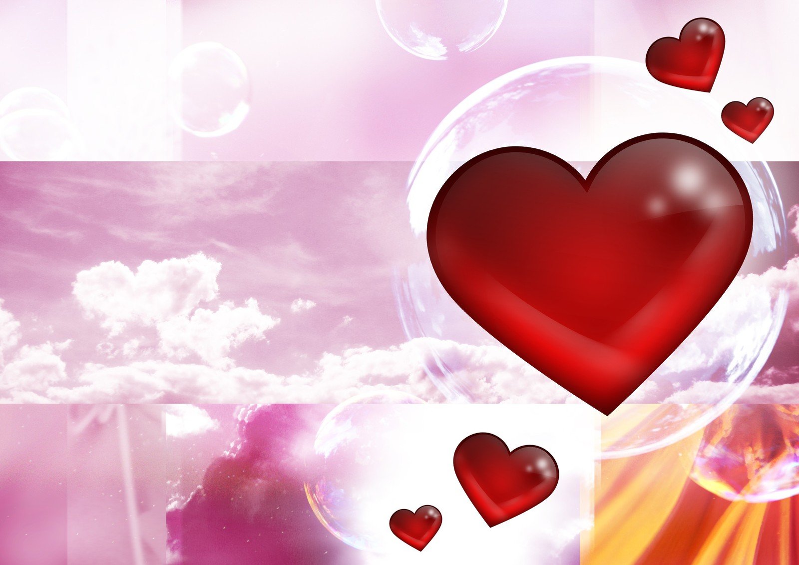 red hearts floating and shining on pink and purple background