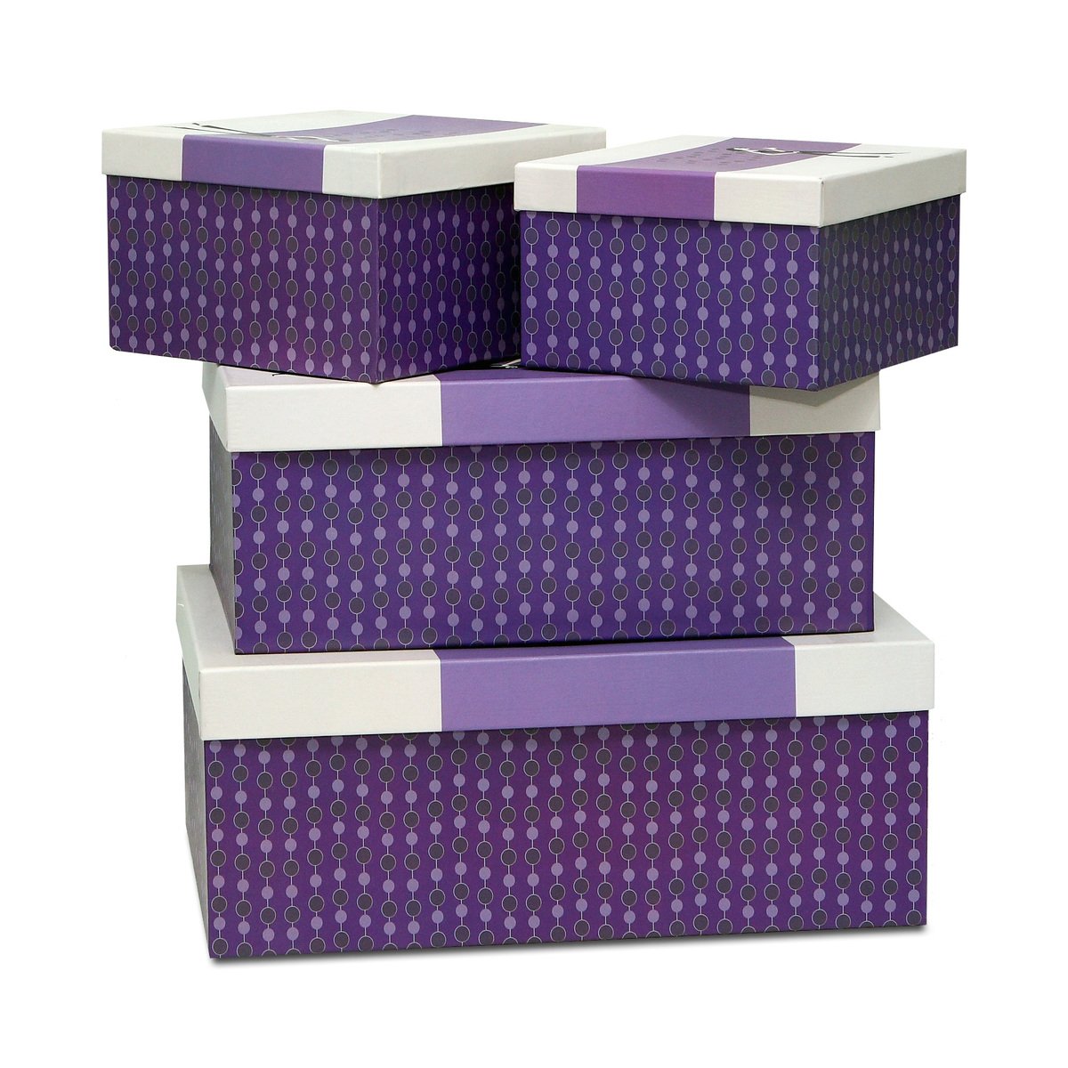 three purple boxes are stacked up next to each other