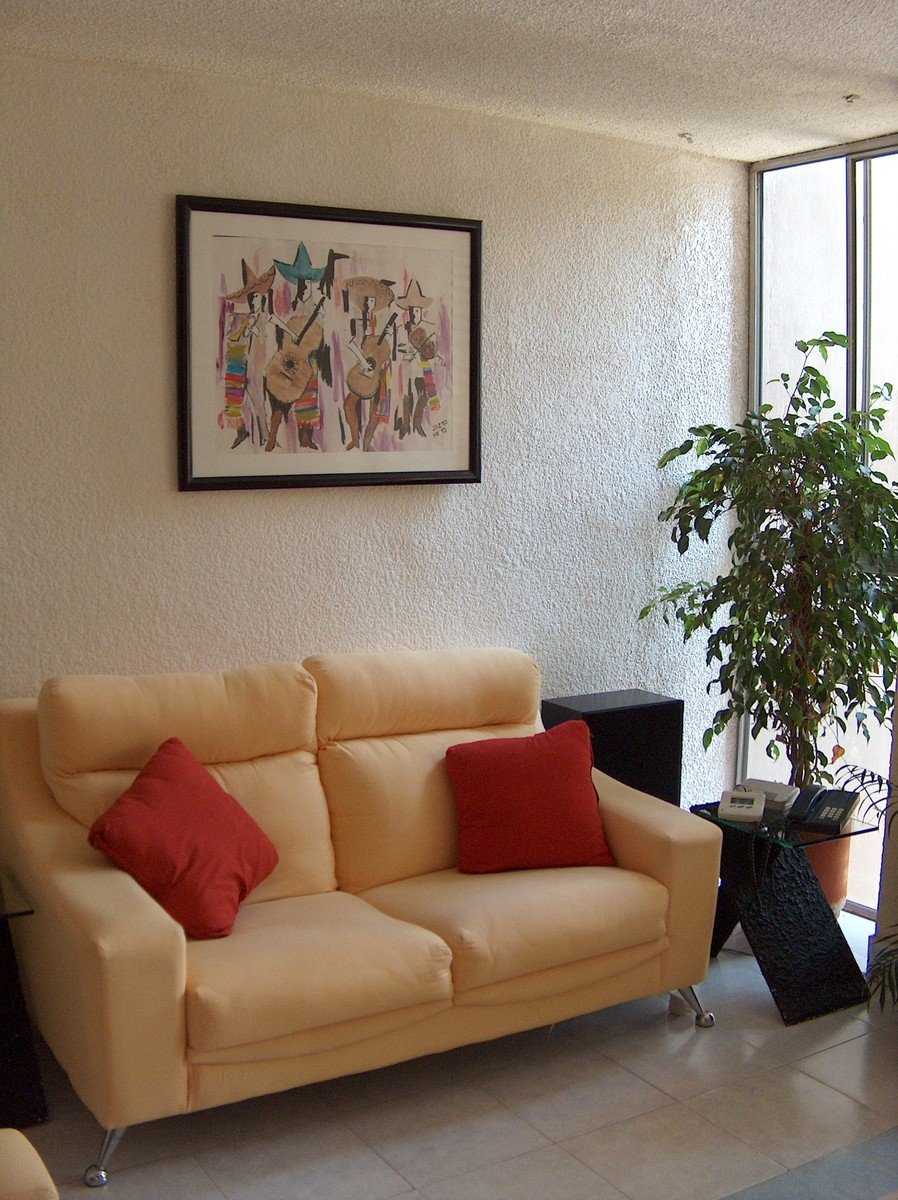 a couch in front of a potted plant with red pillows