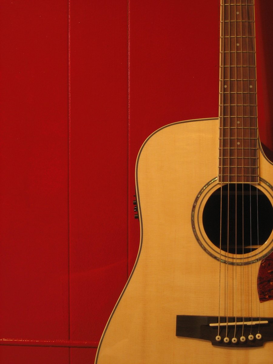 a guitar and a red door are shown
