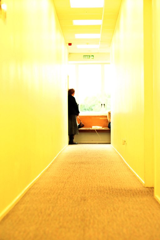 an hallway with bright yellow walls and carpet on the floor