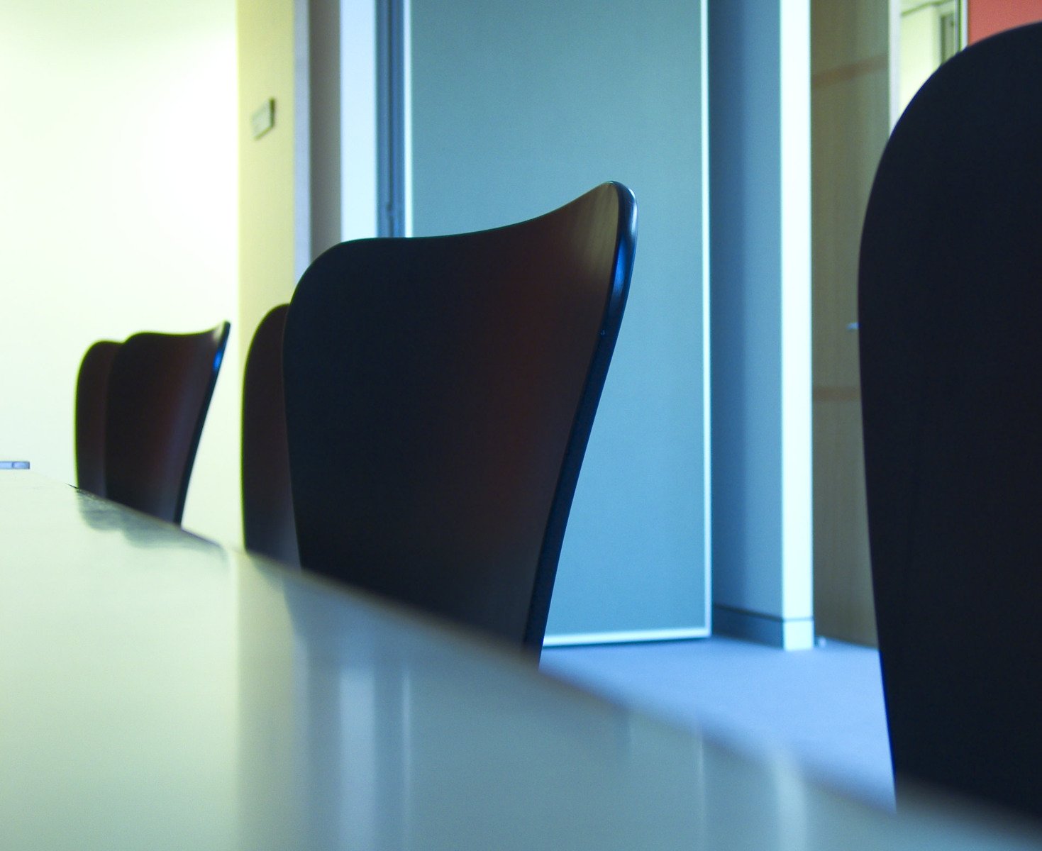 some chairs sit in line at a meeting room