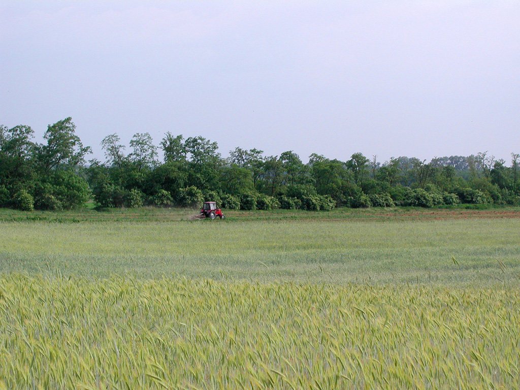 a tractor is in a field of grass