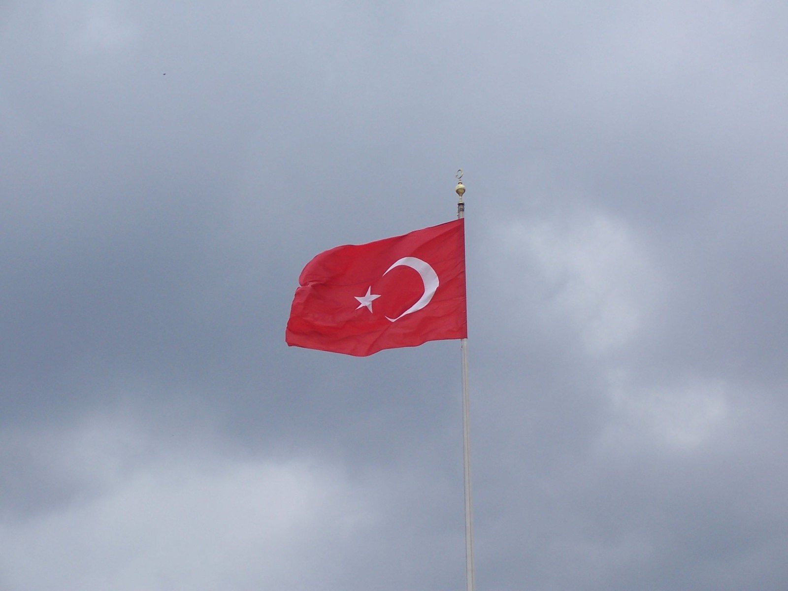 a flag waving in the wind in front of a grey sky