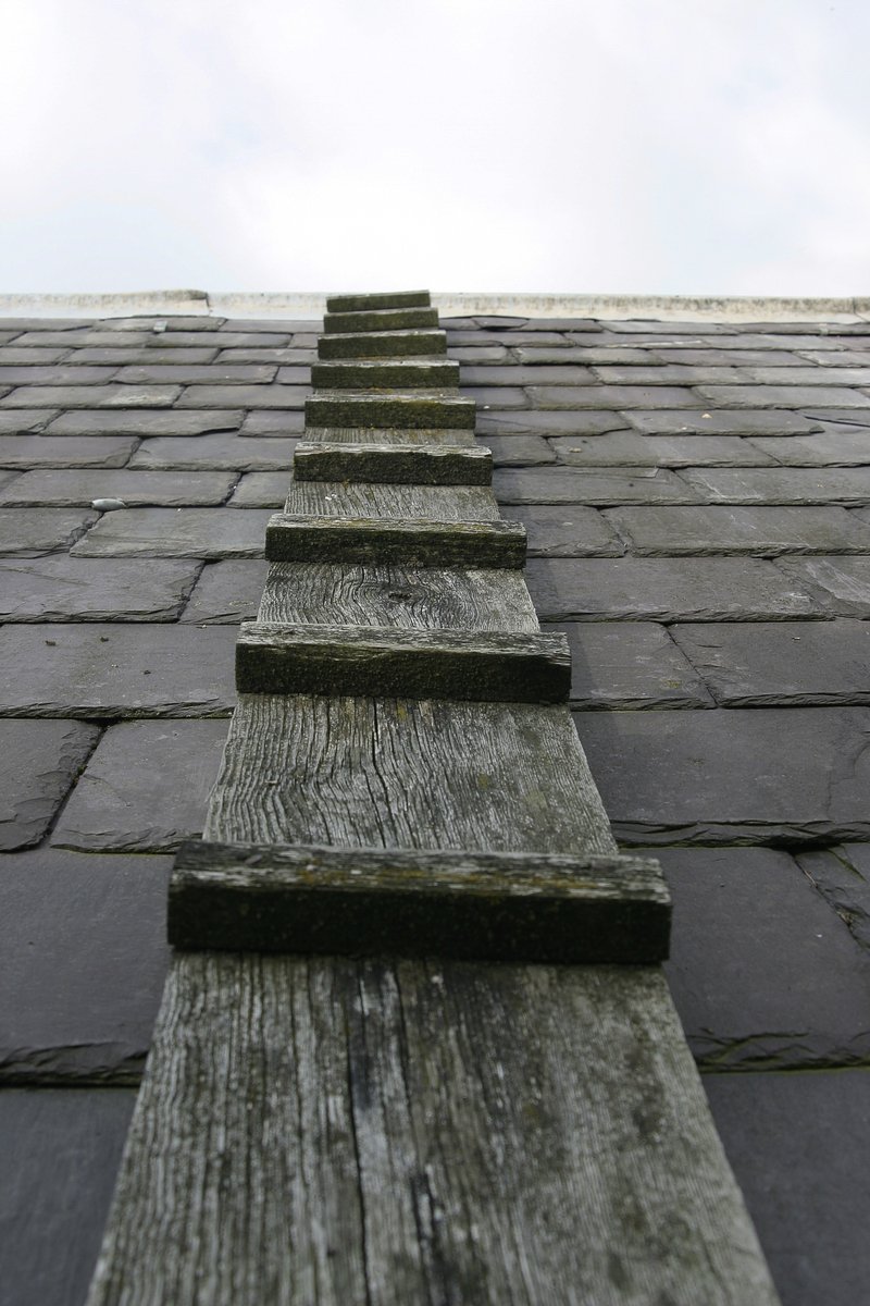 some steps going down an old wooden roof