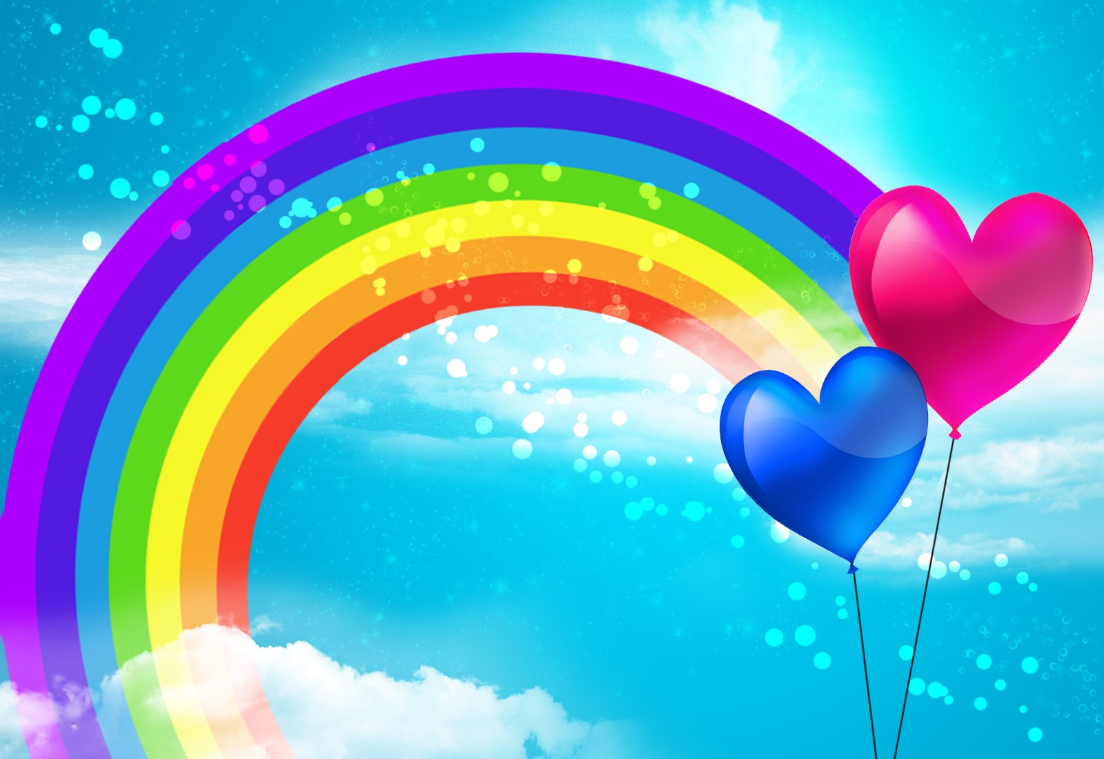 two hearts shaped balloons with a rainbow and clouds background