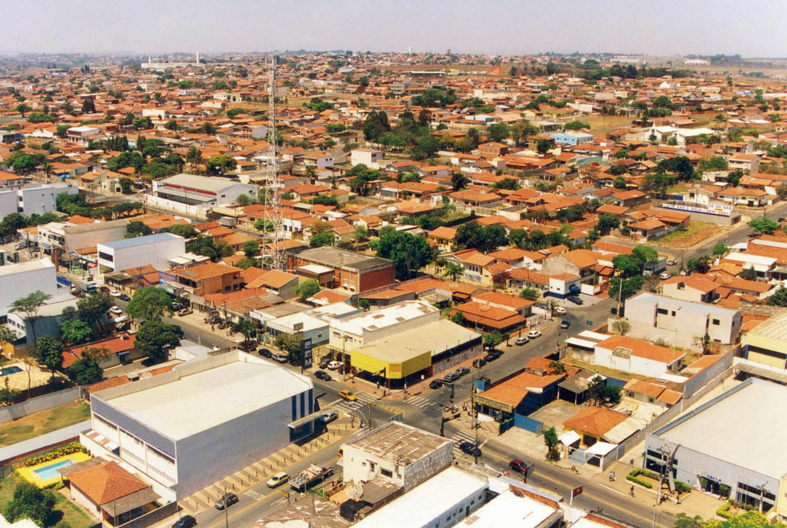 an aerial view of a neighborhood area of a small town