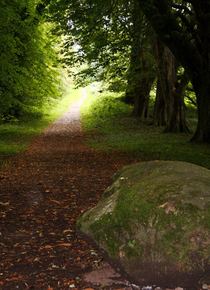 a path with a large rock next to it