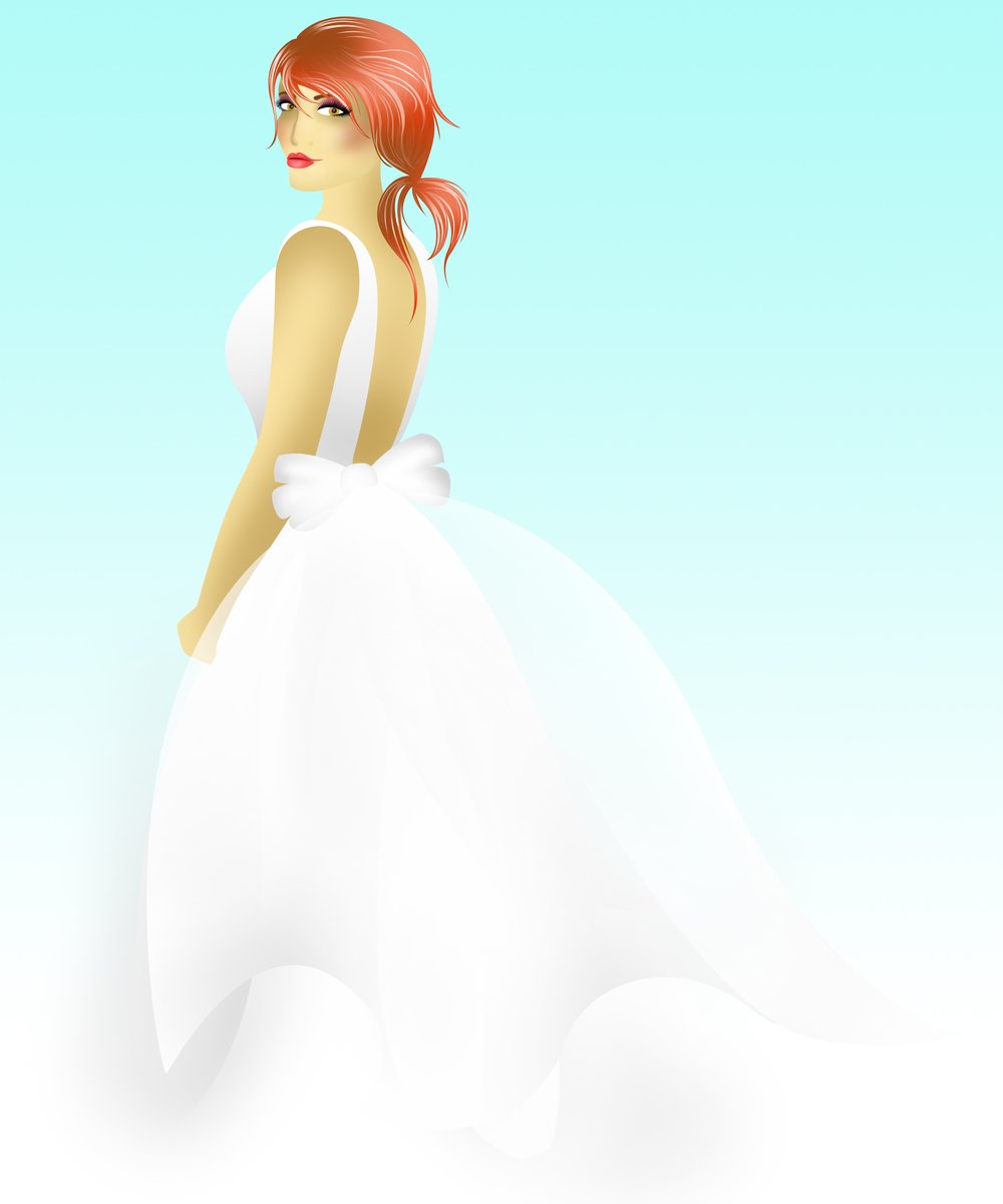a beautiful girl in a white dress with flowing hair and an orange head
