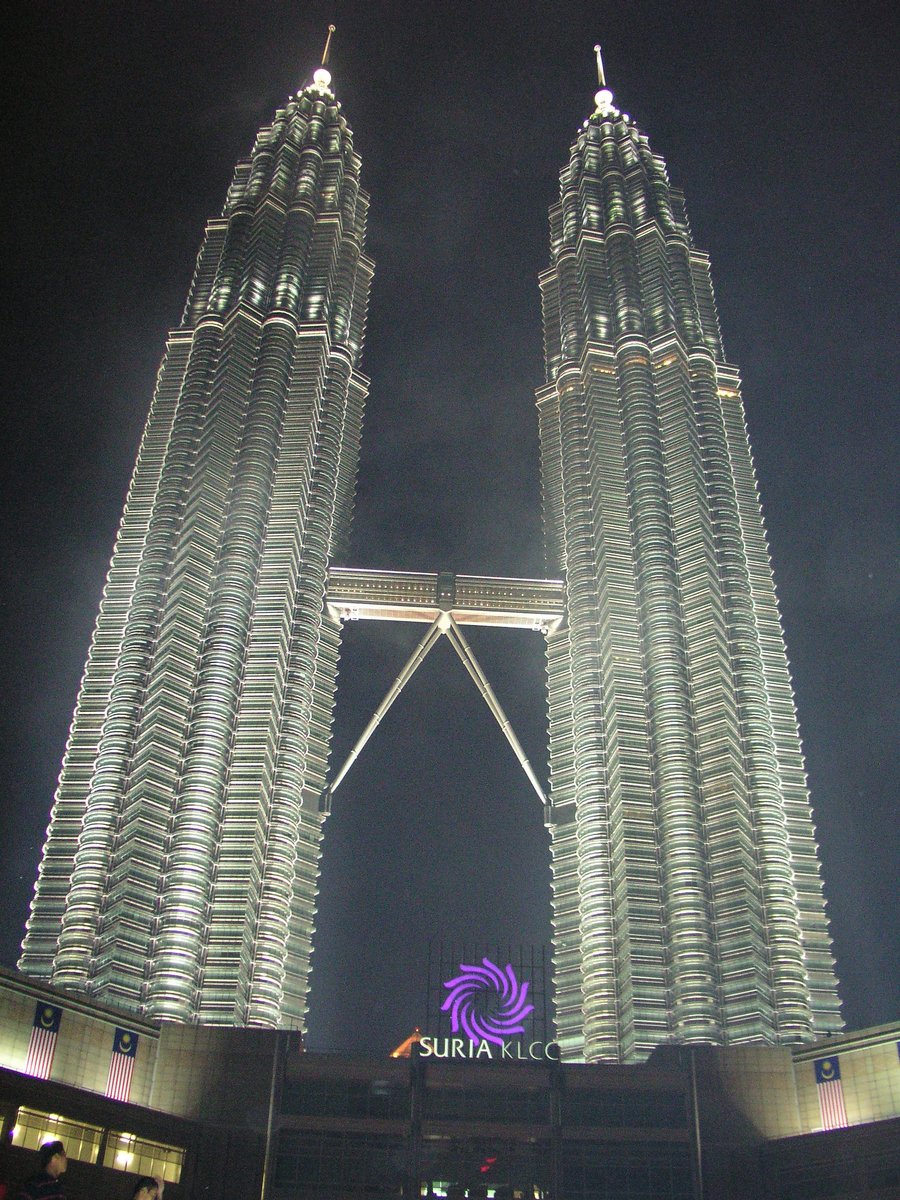 view of two towers from across the water at night