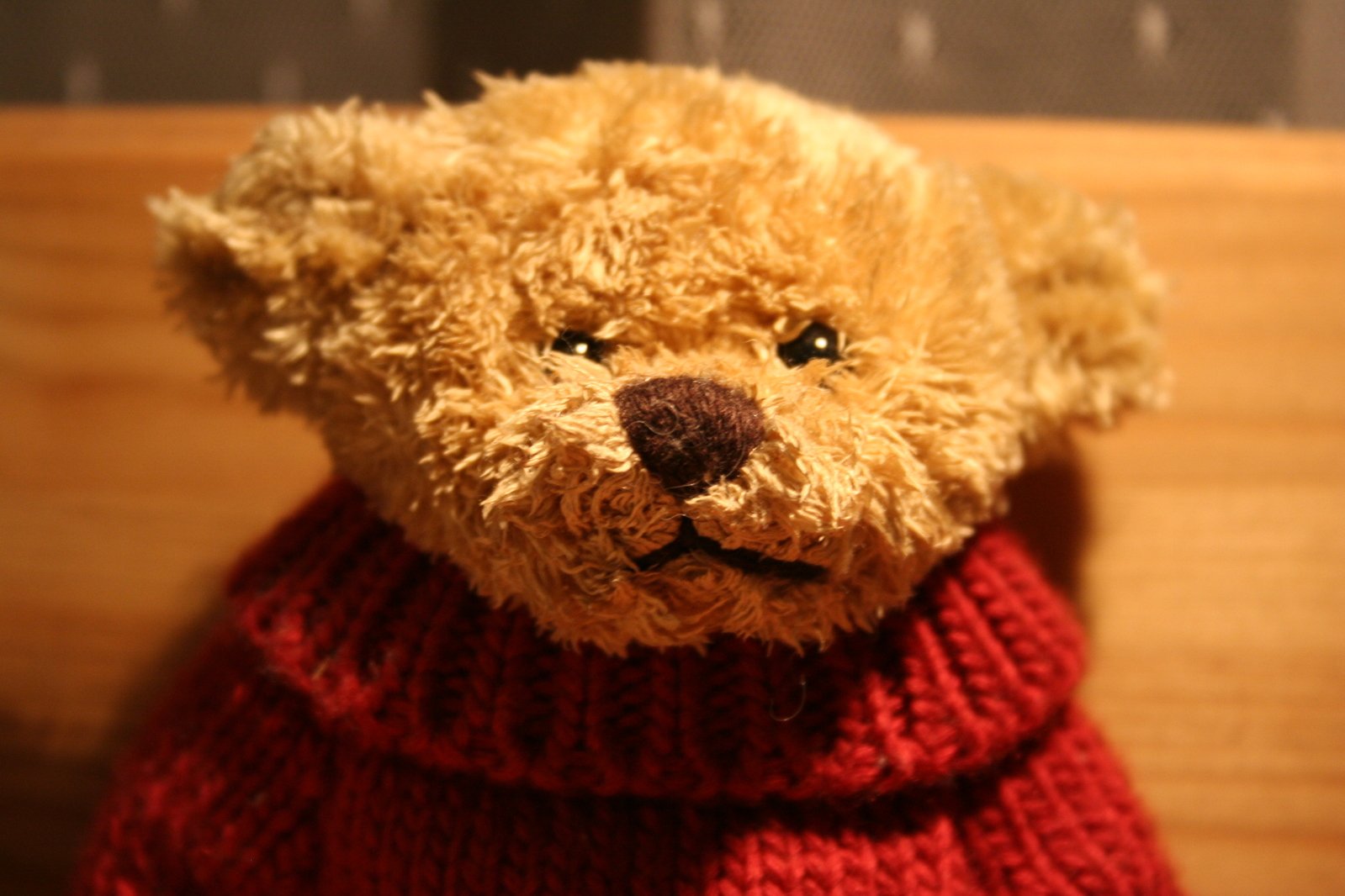 a teddy bear wearing a red sweater on a wood table