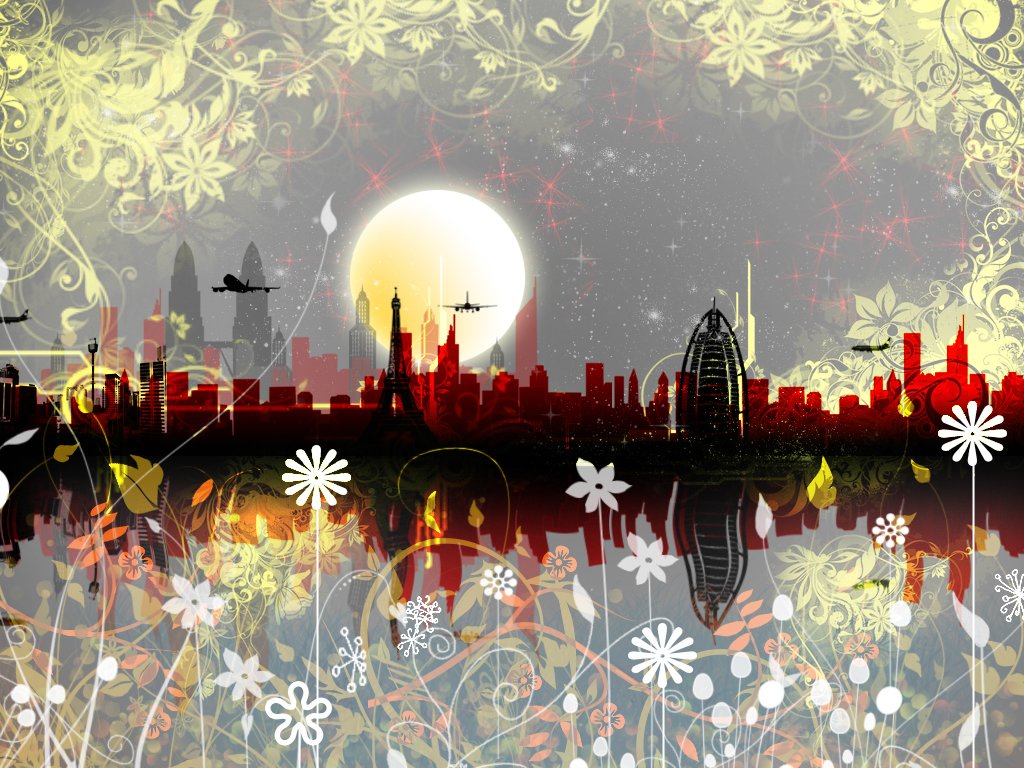city skyline with flowers in the foreground and water