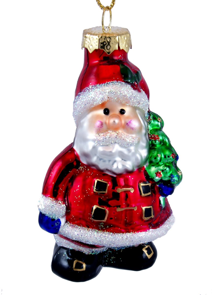 a christmas ornament depicting santa carrying a tree