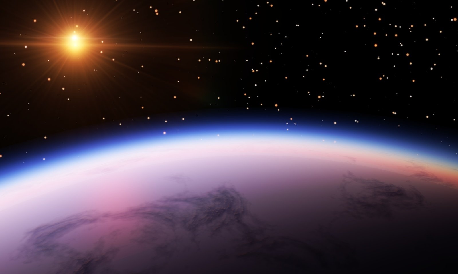 an artist's rendering of an earth surface with sun flare in the background