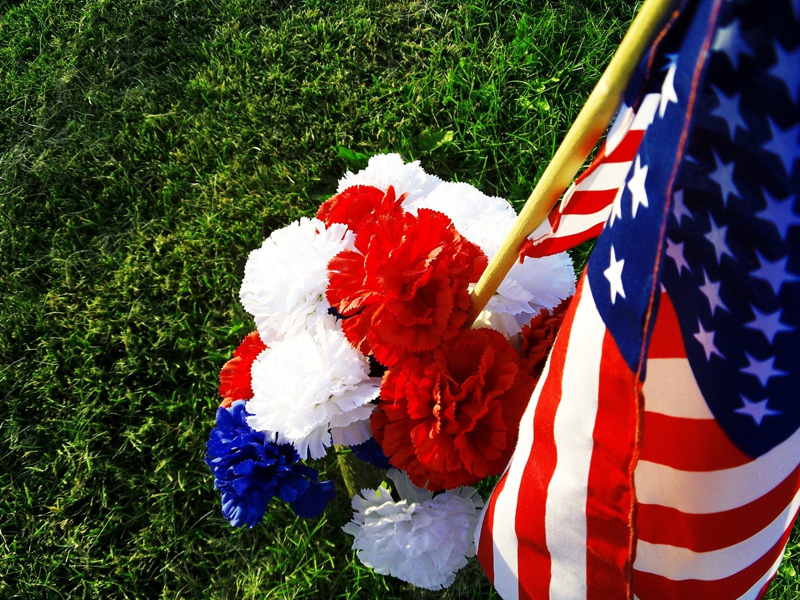 red, white and blue carnations sit near an american flag